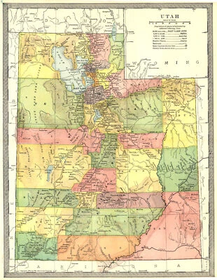 Mapa del estado UTAH. Condados 1907 antiguo antiguo plano gráfico vintage Foto 1 de 2