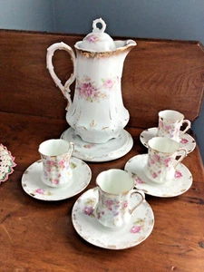 Antique Vintage Silesien Germany Chocolate Teapot 4 cups/saucers & TRIVET - Picture 1 of 19