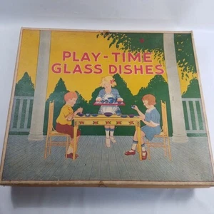 Akro Agate Play Time Glass Dish Set 280 Gypsy Complete Box Uranium Octagon 1930s - Picture 1 of 12