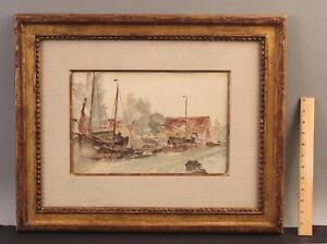 New ListingAntique Signed Walter Shirlaw American Maritime Ship Harbor Watercolor Painting
