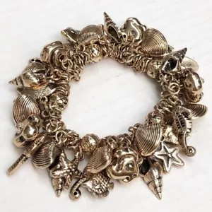 Bracciale Charm Elastico Oro Vita Marina Conchiglia Stella Marina Cavalluccio Marino - Foto 1 di 3