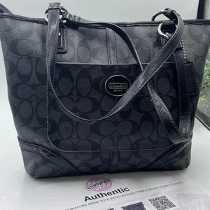 Coach F18917 Authenticated Peyton Signature Tote Black Grey Logo Handbag Bag - Picture 1 of 12