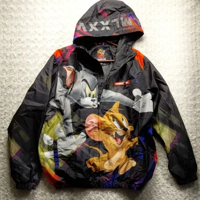 Jaqueta de chuva Members Only grande preta Tom Jerry zíper completo com capuz Windreaker - Imagem 1 de 4