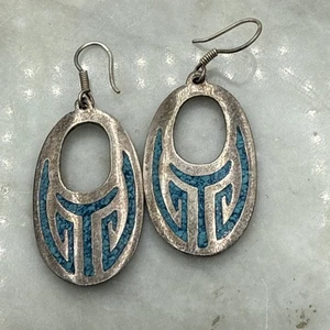 Vintage green & blue turquoise inlay silver Mexico dangle drop earrings 925 - Picture 1 of 5
