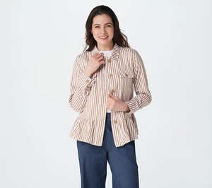 Denim & Co. YD Stripe Point Collar Button Front Peplum Jacket Warm Tan Size 2X - Picture 1 of 1
