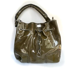 IRIS HORBACH Schultertasche Leder glänzend groß oliv Kordelzug Bucket Italy - Bild 1 von 24