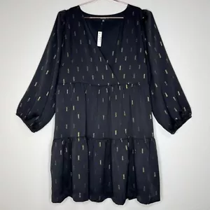 Mini Vestido Madewell Negro y Dorado Metálico Jacquard Imitación Envoltura en Niveles XL NUEVO CON ETIQUETAS - Imagen 1 de 12