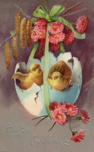 606 Chicks Coming Out Of Egg Basket Flowers Easter Greetings Postcard - Picture 1 of 2
