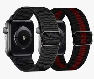 Dehnbares Nylon Apple Watch Kompatibel Band 42/44mm - 2er Set Schwarz/Schwarz & Rot - Bild 1 von 4