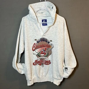 VTG 95 Cleveland Indians ALC V-Neck Pull on Hoodie Adult L Starter Side Pockets - Picture 1 of 14