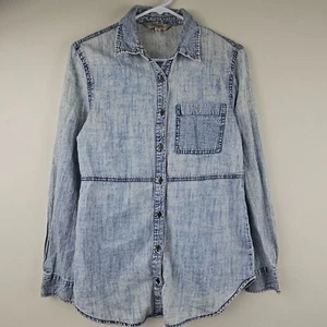 ACID WASH CHAMBRAY BUTTON SHIRT Womens XS Cotton Western Cowgirl Long Sleeve - Picture 1 of 12