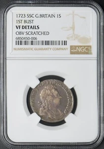 1723 SSC Great Britain Shilling 1st Bust NGC VF Details Scratched ✪COINGIANTS✪ - Picture 1 of 2
