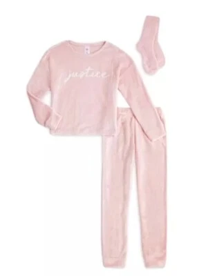 Conjunto de 2 peças de pijama Justice Girls pêssego lã macia top e calça logotipo tamanho 10 - Imagem 1 de 4