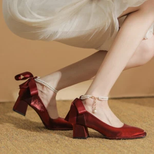 Mujer Puntera Cuadrada Tacones Gruesos Tacones Medianos Zapatos de Boda Nuevos Cinta de Seda Lazo Perla - Imagen 1 de 14