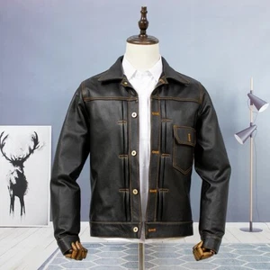 Vintage American Retro 506xx Type 1 Style Plissee Leather Trucker Biker Jacket - Bild 1 von 18