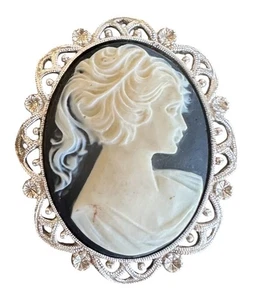 2 1/8" Silver Tone Metal With Black Base & Cream Cameo Pin / Brooch - Jewelry - Picture 1 of 8