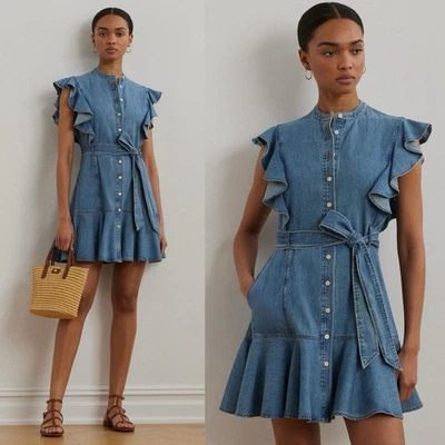 NWT Lauren Ralph Lauren Belted Denim Flutter-Sleeve Shirtdress Sz 10 - Image 1 of 4