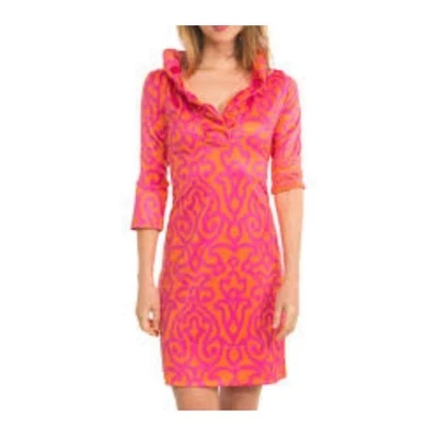 Gretchen Scott Ruffle Neck Jersey Dress Orange Pink Small  - Image 1 of 4