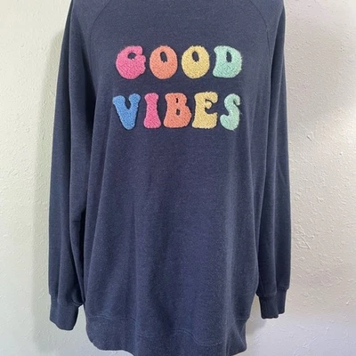Wildfox Navy Sweatshirt with Fuzzy Textured Words - 'Good Vibes', Size M - Image 1 of 4