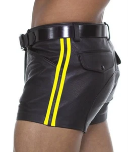 AW545 Ledershorts+Gelben streifen Cargo Leder Shorts,kurze hose,leather shorts - Picture 1 of 5