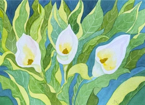 PAINTING WATERCOLOR 11X14 DOUBLE WHITE MAT 16X20 FLOWER CALLA LILY WHITE YELLOW - Picture 1 of 1