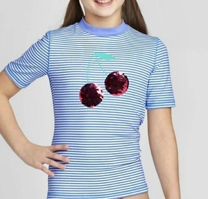 Cat & Jack Girls' XS 4/5 Flippy Cherry Sequin Short Sleeve Rash Guard Swim Shirt - Picture 1 of 4