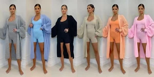 Damen Tiktok Viral lange Strick Ballonärmel 2 Taschen offen Boyfriend Strickjacke - Bild 1 von 7