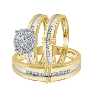 Mens Ladies 0.33 Ct Round Real Diamond Wedding Trio Ring Set 10K Yellow Gold   - Picture 1 of 10