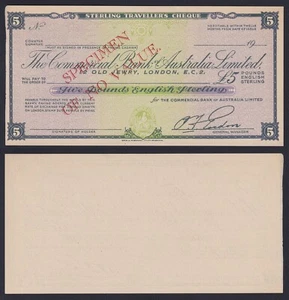 Australia Commercial Bank 5 pounds Travelers Cheque SPECIMEN FDS/UNC - Imagen 1 de 1
