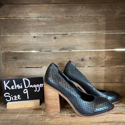 Womens Kelsi Dagger Brooklyn Black Leather Block High Heels Shoes Size 9 M GUC - Image 1 of 4