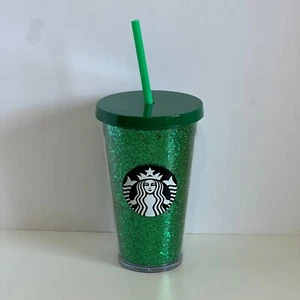 Starbucks 2018 Holiday Green Glitter Straw Cold Cup Travel Tumbler 16 oz Sparkle - Picture 1 of 7