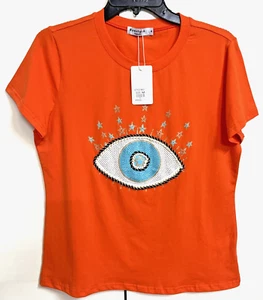 Ladies Short Sleeve Orange T Shirt Crew Neck Size Small Evil Eye Design New tags - Picture 1 of 6
