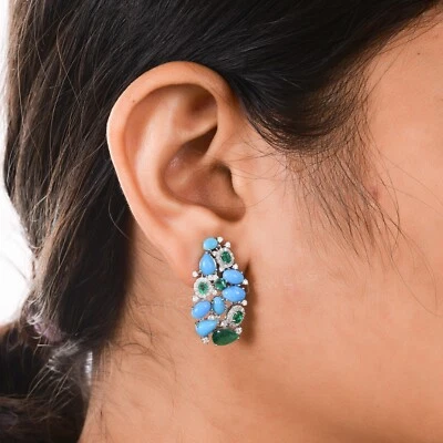 Zambian Emerald Turquoise H/SI Diamond Cluster Earrings 14k White Gold 6.70 Tcw - Image 1 of 4