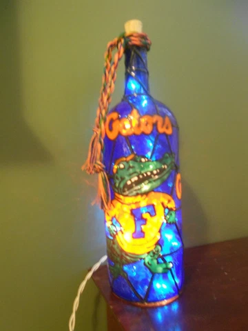 Florida Gators Inspired Hand Painted Lighted Wine Bottle Stained Glass look Cover