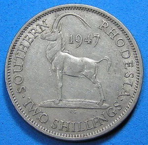 1947 Southern Rhodesia 2 Shillings Coin, double punched 7 over 7, KM-19b - Picture 1 of 3