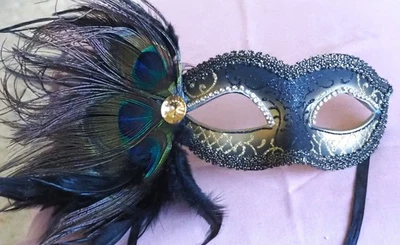 Peacock Feather Masquerade Mask, Venetian peacock Feather Masquerade Costume. - Image 1 of 4