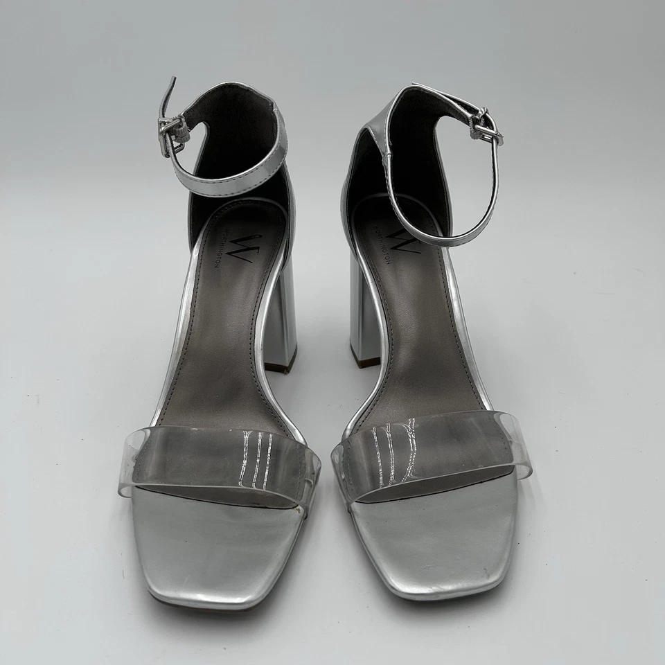 Sandalias Worthington para mujer plateadas de tacón bloque talla 8,5 M correa transparente hebilla al tobillo Foto 1 de 4