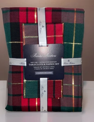 BROOKS BROTHERS TARTAN PLAID OBLONG TABLECLOTH 60x84 + SIX NAPKINS 18x18 SET NWT - Image 1 of 4