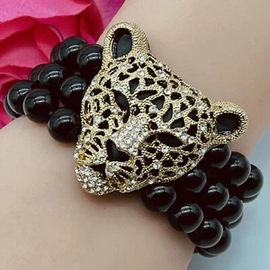Vintage Leopard Face Stretch Bracelet w/ Glass Onyx Beads Stunning Oversized - Picture 1 of 4
