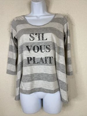 Maison Jules Womens Size S Gray Striped "S'il Vous Plait" T-shirt 3/4 Sleeve - Image 1 of 4