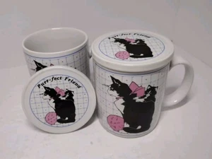 Vintage Black White Cat & Kitten Pink Yarn Coffee Mug Lid Coaster 10oz Set Of 2 - Picture 1 of 8