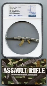 2024 Assault Rifle 2 Oz Silver Gold Gilt NGC MS70 Antiqued Chad Coin - JR084 - Picture 1 of 3