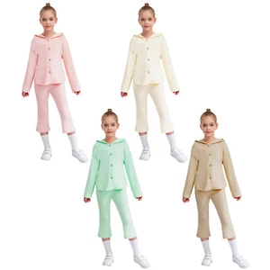 Kids Girls Sweatsuit Running Tracksuit Pajamas Shirt With Trousers Hooded Home - Picture 1 of 54