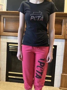 PETA Vintage Y2K Black Rhinestone Bunny Shirt & Hot Pink Crop Pants Small RARE!! - Picture 1 of 16