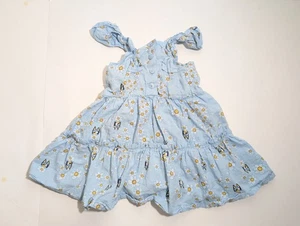 Bluey Girls' 3T Ruffled Tiered Dress Light Blue Daisy Print with Bluey Pups - Picture 1 of 6