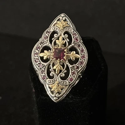 Konstantino Silver & 18k Gold Ruby Marquise Ornate detailed Flower Ring  - Image 1 of 4
