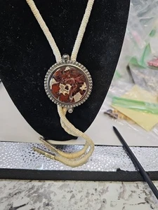 Bolo-tie Cream Cloth Cord Jasper Stone Silver Tips - Picture 1 of 5