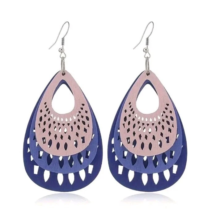 Women Purple Wooden Multi Layers Hollow Teardrop Dangle Earrings Boho Jewelry UK - Image 1 of 1