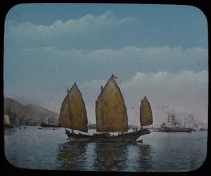 ANTIQUE Magic Lantern Slide BOATS IN HONG KONG HARBOUR C1890 PHOTO CHINA - Picture 1 of 2