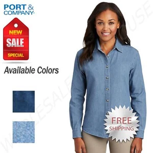 Port & Company Womens Long Sleeve Denim Button Down Collar Shirt LSP10 - Picture 1 of 7